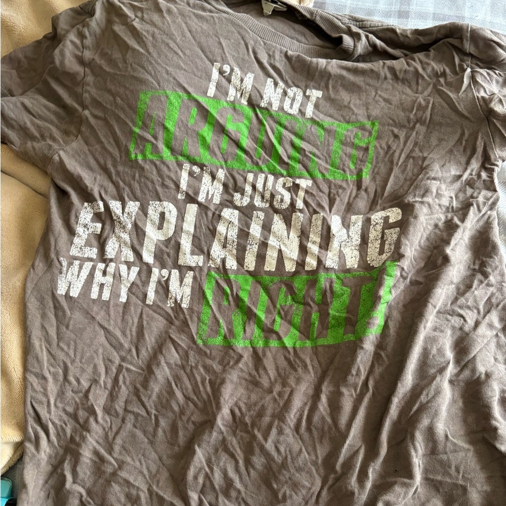 Brown Graphic T-Shirt with Green and White Text